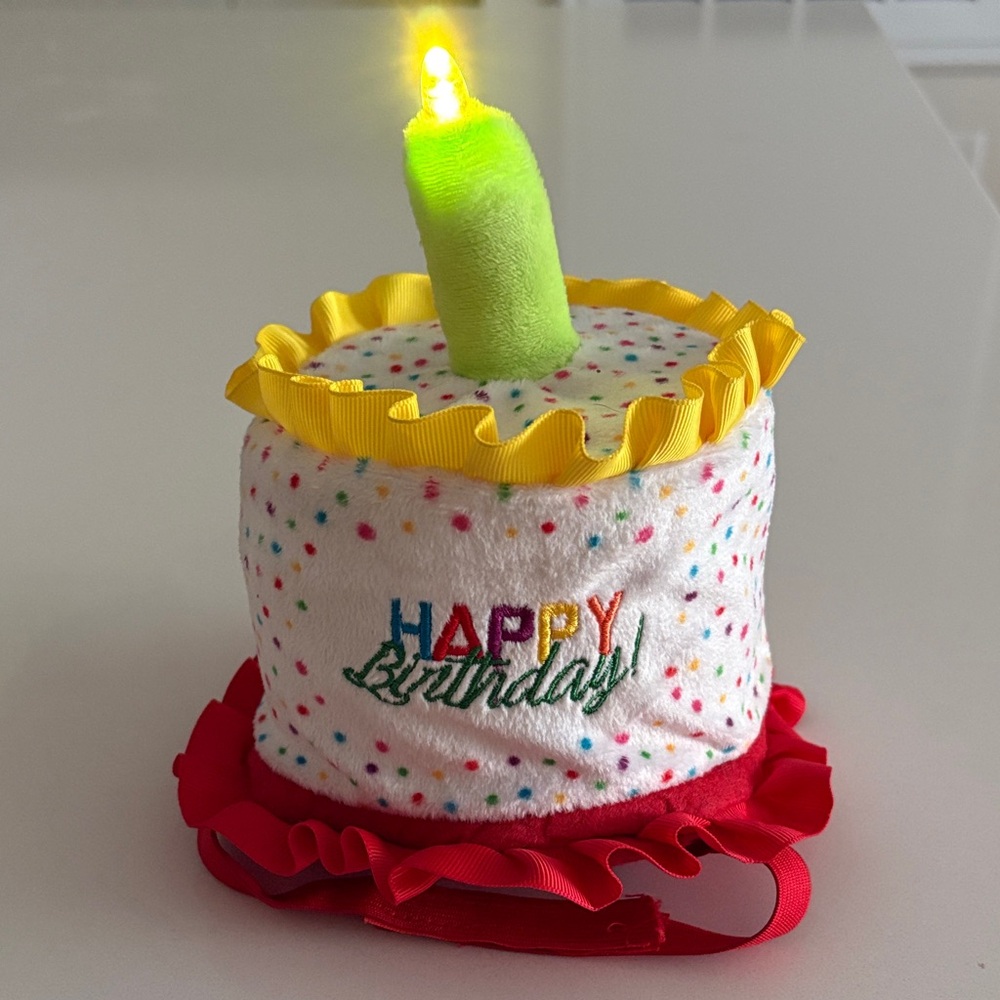 Birthday Plush Cake Hat with light up Candle